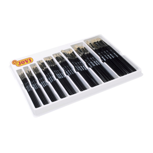 Jovi Caja Expositora de 108 Pinceles Artisticos Planos Pelo Cerda Surtidos - Pelo Natural - Mango de Madera - Punta Plana - Pelo Duro - Color Negro
