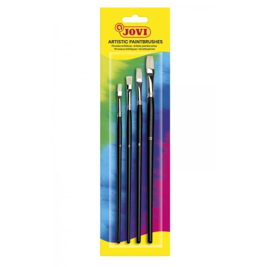 Jovi Artistic Paintbrushes Blister con 4 Pinceles Planos - Pelo Natural - Mango de Madera - Punta Plana - Pelo Duro - Color Negro