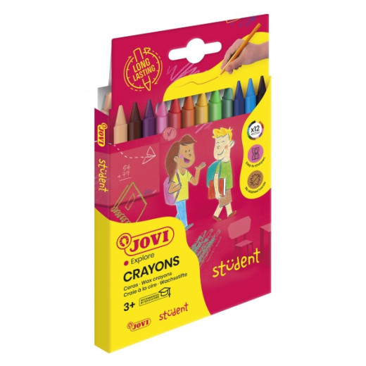 Jovi Crayons Student Estuche de 12 Ceras Plasticas - Resistentes - No Manchan - Agradables de Rayar - Acabado Brillante - Gran Duracion - Colores Mezclables - Color Surtido