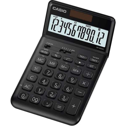 Casio JW-200SC Calculadora de Sobremesa 12 Digitos Inclinacion Ajustable - Simbolos de Comando de Funcion - Memoria Total General e Independiente - Alimentacion Solar y Pilas - Color Negro