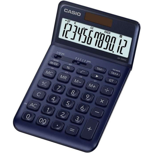 Casio JW-200SC Calculadora de Sobremesa 12 Digitos Inclinacion Ajustable - Simbolos de Comando de Funcion - Memoria Total General e Independiente - Alimentacion Solar y Pilas - Color Azul Marino