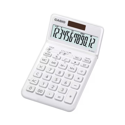 Casio JW-200SC Calculadora de Sobremesa 12 Digitos Inclinacion Ajustable - Simbolos de Comando de Funcion - Memoria Total General e Independiente - Alimentacion Solar y Pilas - Color Blanco