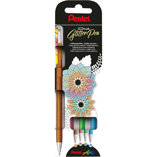 Pentel Hybrid Dual Metallic Pack de 4 Boligrafos de Bola con Tinta Gel Brillante - Punta 1mm - Trazo 0.5mm - Colores Brillantes Surtidos