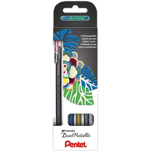 Pentel Hybrid Dual Metallic Pack de 4 Boligrafos de Bola con Tinta Gel Brillante - Punta 1mm - Trazo 0.5mm - Colores Brillantes Surtidos