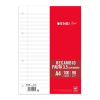 Enri Plus Recambio Formato A4 - Pautado 3.5mm 4 Taladros - 100 Hojas 90gr con Margen