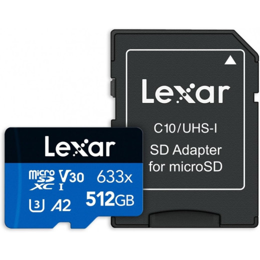 Lexar 633x Tarjeta de Memoria microSDXC UHS-I 512GB - Alta Capacidad - Velocidad de Lectura hasta 100MB/s - Incluye Adaptador SD - Color Azul