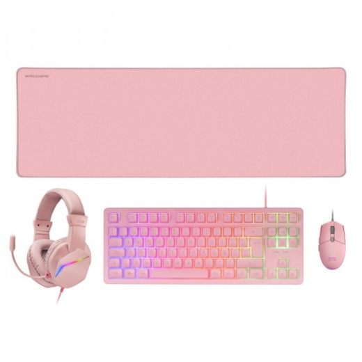 Mars Gaming MCP-RGB3 Combo Gaming 4en1 - Teclado TKL H-Mech RED - Raton RGB 3200 DPI - Auriculares FRGB Cancelacion Ruido - Alfombrilla XXL Antideslizante - Color Rosa