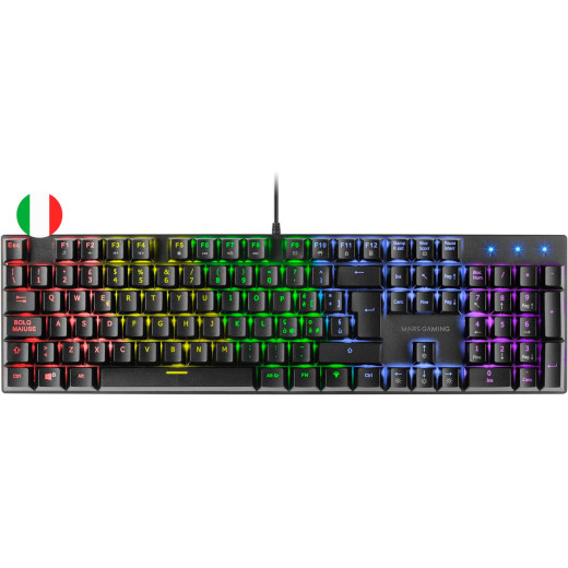 Mars Gaming Teclado Mecanico RGB MK422 - Tecnologia Antipolvo - Efectos de Iluminacion Rainbow - Teclas Ultra-resistentes - Funciones Multimedia y Modo Juego - PR de 1000Hz - Anti-Ghosting Avanzado - Compatibilidad Multiplataforma - Italiano - Color Negro