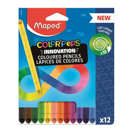 Maped Color`Peps Infinity Pack de 12 Lapices de Colores de Larga Duracion - Hecho Totalmente de Mina - Colores Surtidos