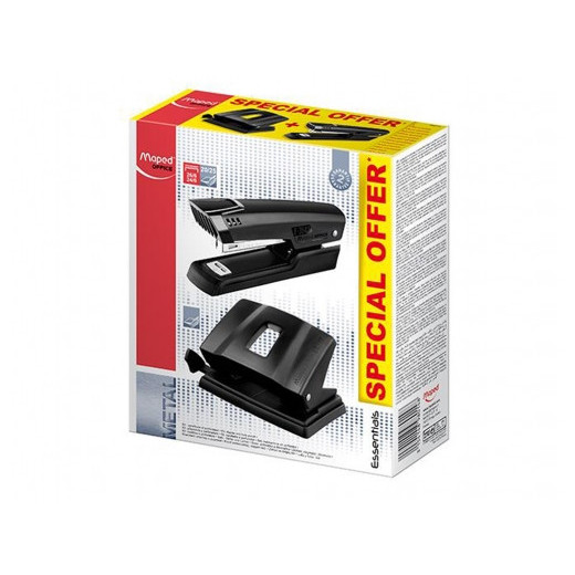 Maped Essentials Metal Pack de Grapadora Metalica E3543 + Taladro Metalico E4024 - Grapa hasta 25 Hojas a la Vez - Admite Grapas 24/6 y 26/6 - Perfora hasta 25 Hojas - Color Negro