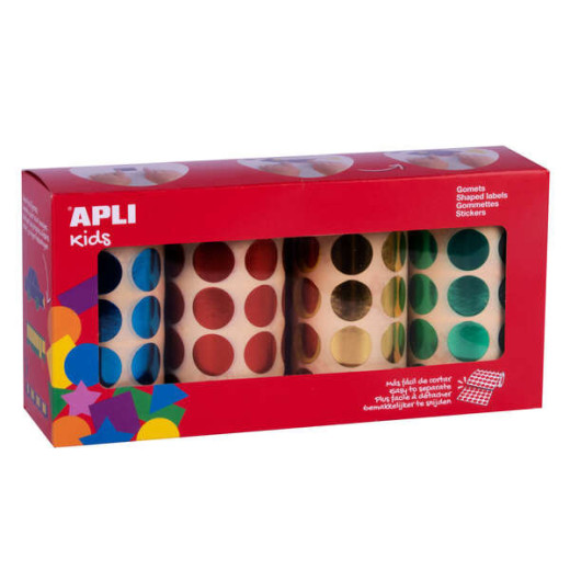 Apli Pack de 5.640 Gomets Redondos Ø 20mm - 4 Rollos de 1.410 Gomets - Adhesivo Permanente - Ideal para escuelas Infantiles y Colegios - Colores Metalizados Surtidos