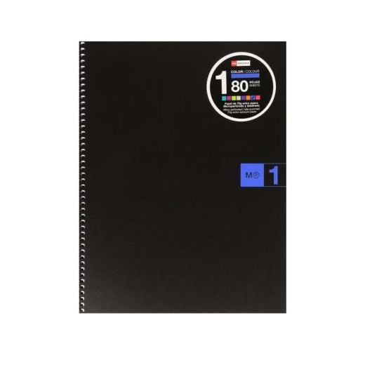 Miquel Rius Notebook1 Cuaderno de Espiral Formato A4 - 80 Hojas Microperforadas con 4 Taladros - Cuadricula 5x5 - Banda de las Hojas Azul - Cubiertas de Polipropileno - Color Negro