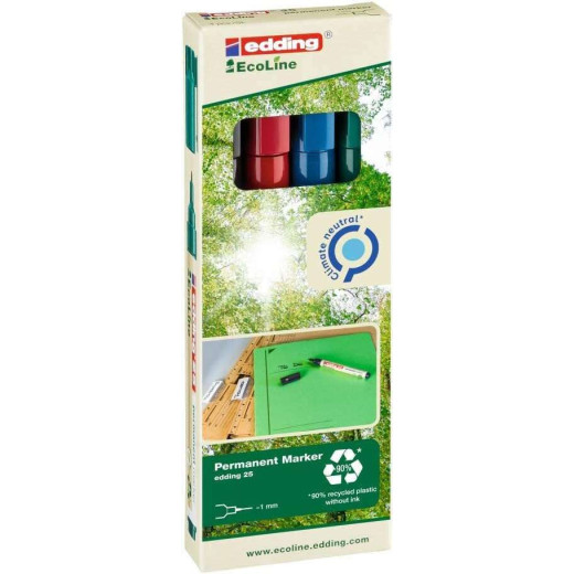 Edding 25 EcoLine Pack de 4 Rotuladores Permanentes - Punta Redonda Fina - Trazo 1mm - 90% de Plastico Reciclado - Colores Surtidos