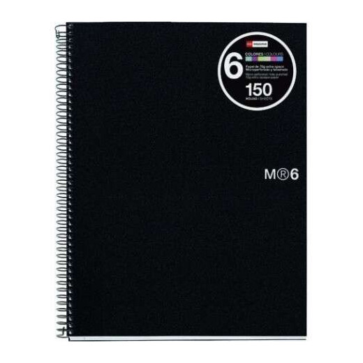 Miquel Rius Notebook6 Cuaderno de Espiral Formato A5 - 150 Hojas de 70gr Microperforadas con 2 Taladros - Cubiertas de Polipropileno - Cuadricula 5x5 - Color Negro