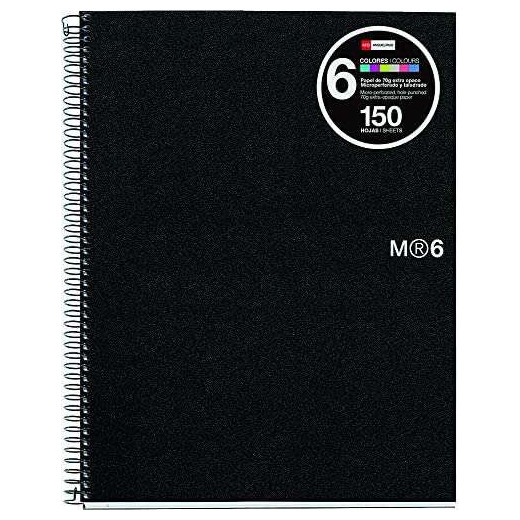 Miquel Rius Notebook6 Cuaderno de Espiral Formato A4 Horizontal 7mm - 150 Hojas de 70gr Microperforadas con 4 Taladros - Cubiertas de Polipropileno - Color Negro
