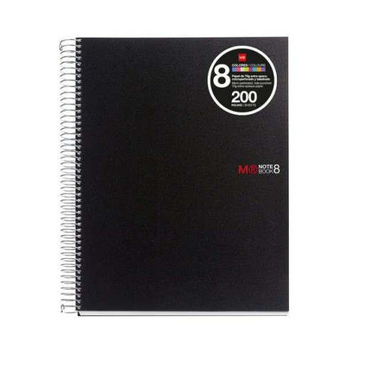 Miquel Rius Notebook8 Cuaderno de Espiral Formato A4 - 200 Hojas de 70 gr Microperforadas con 4 Taladros - Cubiertas de Polipropileno - Cuadricula 5x5 - Color Negro