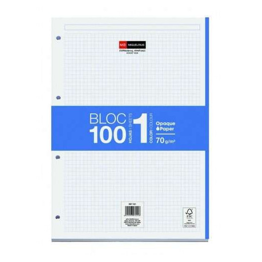 Miquel Rius Bloc1 Bloc Encolado Formato A4 - 100 Hojas de 70gr con 4 Taladros - Banda de las Hojas Azul - Base de Carton - Cuadricula 5x5