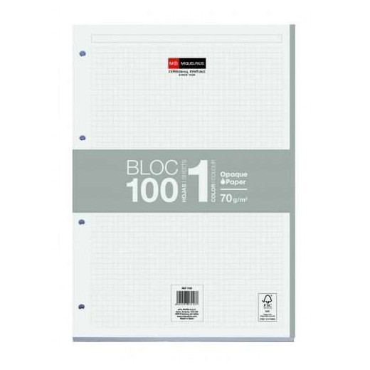 Miquel Rius Bloc1 Bloc Encolado Formato A4 - 100 Hojas de 70gr con 4 Taladros - Banda de las Hojas Gris - Base de Carton - Cuadricula 5x5