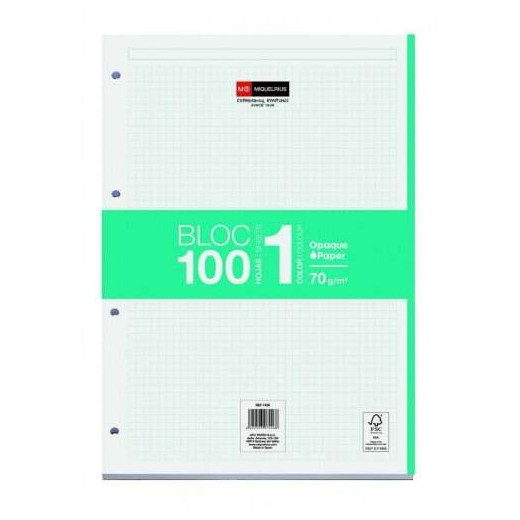 Miquel Rius Bloc1 Bloc Encolado Formato A4 - 100 Hojas de 70gr con 4 Taladros - Banda de las Hojas Turquesa - Base de Carton - Cuadricula 5x5