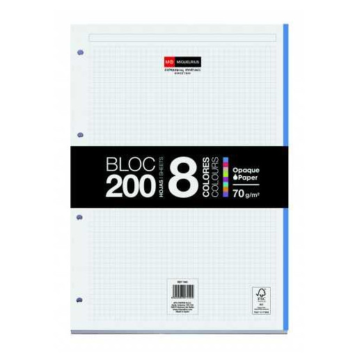 Miquel Rius Bloc8 Bloc Encolado Formato A4 - 200 Hojas de 70gr con 4 Taladros - Base de Carton - Cuadricula 5x5