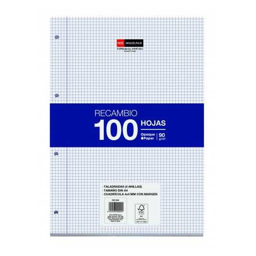 Miquel Rius Recambio Formato A4 - 100 Hojas Sueltas de 90gr con 4 Taladros - Cuadricula 4x4 con Margen