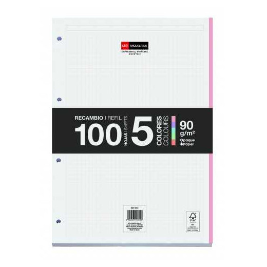 Miquel Rius Recambio Formato A4 - 100 Hojas Sueltas de 90gr con 4 Taladros - Banda de las Hojas en 5 Colores Pastel - Cuadricula 5x5