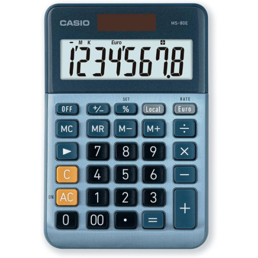 Casio MS80E Calculadora de Escritorio 8 Digitos - Tecla Doble Cero - Simbolos de Comando de Funcion - Calculo Avanzado de Porcentaje - Alimentacion Solar y Pilas - Color Azul