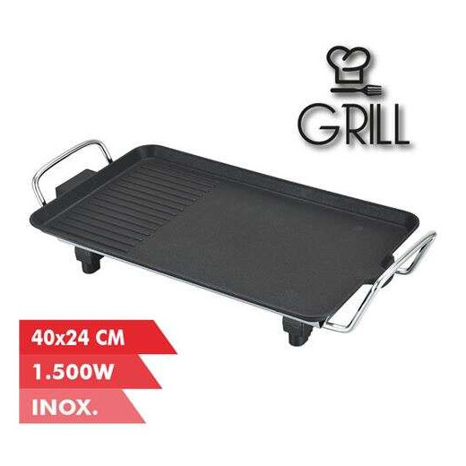Muvip Plancha de Asar Electrica 1500W - 2 Zonas Lisa y Grill - Placa Antiadherente - Asas Tacto Frio - Termostato Extraible - Superficie 40x24cm