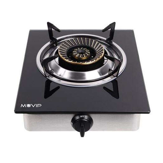 Muvip Cocina de Gas Inox 1 Fuego - Cristal Templado - Encendido Piezoelectrico - Quemador de Hierro Fundido Desmontable