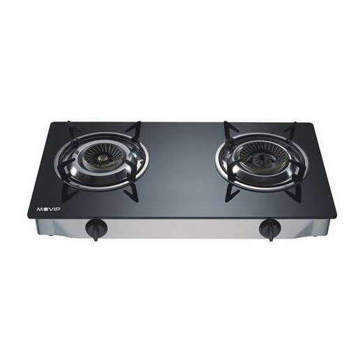 Muvip Cocina de Gas Inox 2 Fuegos - Cristal Templado - Encendido Piezoelectrico - Quemador de Hierro Fundido Desmontable