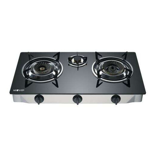 Muvip Cocina de Gas Inox 3 Fuegos - Cristal Templado - Encendido Piezoelectrico - Quemador de Hierro Fundido Desmontable