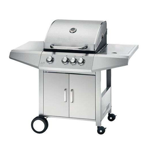 Muvip Barbacoa Gas Inox 4 Fuegos - Estructura de Acero Inoxidable - 3 Fuegos Centrales + 1 Fuego Lateral - 2 Rejillas Esmaltadas - Bandeja Lateral - Asa Tacto Frio - Ruedas de Transporte - Color Plateado