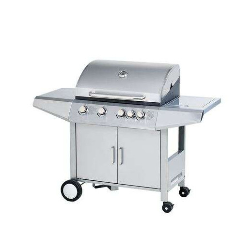 Muvip Barbacoa Gas Inox 5 Fuegos - Estructura Acero Inoxidable - 4 Fuegos Centrales + 1 Fuego Lateral - Rejillas Esmaltadas - Bandeja Lateral - Asa Tacto Frio - Ruedas Transporte - Color Plateado