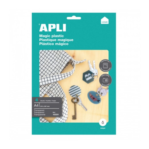 Apli Pack de 4 Hojas de Plastico Magico Imprimible - Apto para Impresoras Inkjet - Transforma Diseños en 3D - Ideal para Colgantes y Llaveros