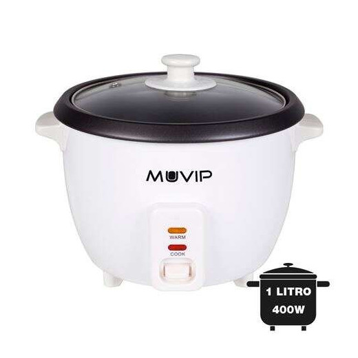 Muvip Arrocera - Capacidad 1 Litro - Potencia 400W - Sistema de Coccion y Calentamiento - Recipiente Interior Antiadherente - Tapa de Cristal - Accesorios Incluidos - Color Blanco