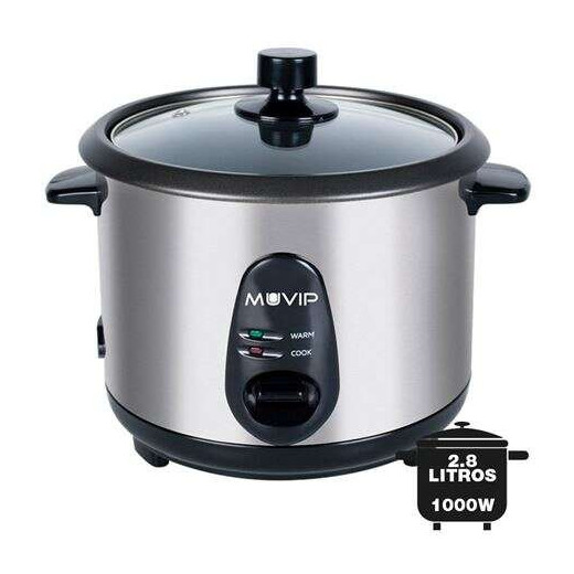 Muvip Arrocera - Capacidad 2.8 Litros - Potencia 1000W - Cuerpo de Acero Inoxidable - Recipiente Antiadherente - Tapa de Cristal - Accesorios Incluidos - Color Gris