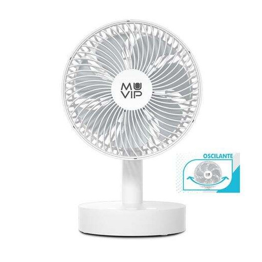 Muvip Ventilador de Sobremesa Portatil Oscilante 12W 19cm de Diametro - 4 Velocidades - Oscilacion hasta 70º - Angulo Ajustable hasta 90º - Autonomia hasta 11h - Color Blanco