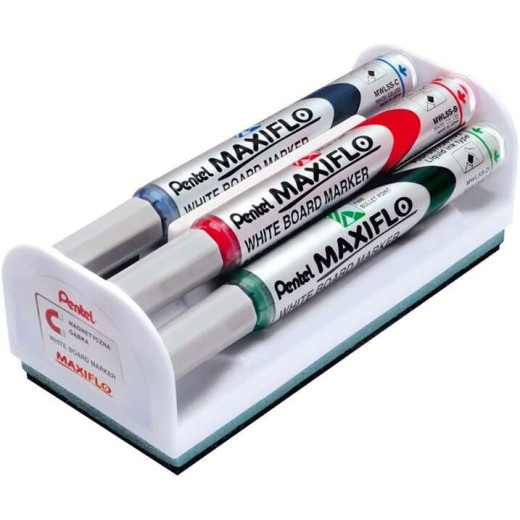 Pentel Maxiflo Pack de 4 Rotuladores para Pizarra Blanca + Borrador Magnetico - Punta de Bala - Ancho de Linea 2mm - Regulacion del Flujo de Tinta - Colores Negro