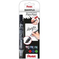 Pentel Maxiflo Flex-Feel Pack de 4 Rotuladores para Pizarra Blanca - Punta Flexible 4.6mm - Dosificacion de Tinta mediante Embolo - Colores Negro