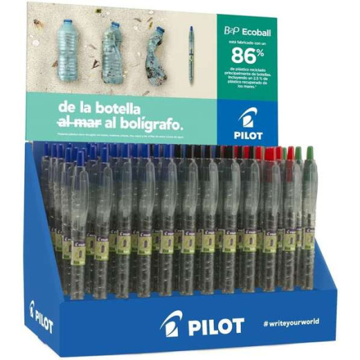 Pilot Expositor 60 Boligrafos de Bola Retractiles B2P Ecoball BeGreen + 10 B2P Gel BeGreen - 86