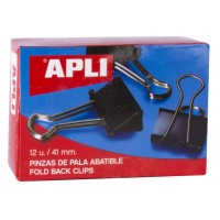 Apli Caja de 12 Pinzas Abatibles 20x41mm - Sujecion hasta 170 Hojas - Clips de Acero Templado en Negro - Asas en Niquel