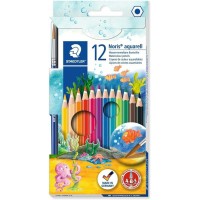 Staedtler Noris Aquarell Pack de 12 Lapices Hexagonales de Colores + Pincel - Madera de Bosques Sostenibles - Colores Surtidos