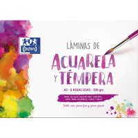 Oxford Pintura Escolar - Sobre de Laminas de Acuarela y Tempera A3 - 6 Hojas de 300gr - Papel Liso de Alta Calidad