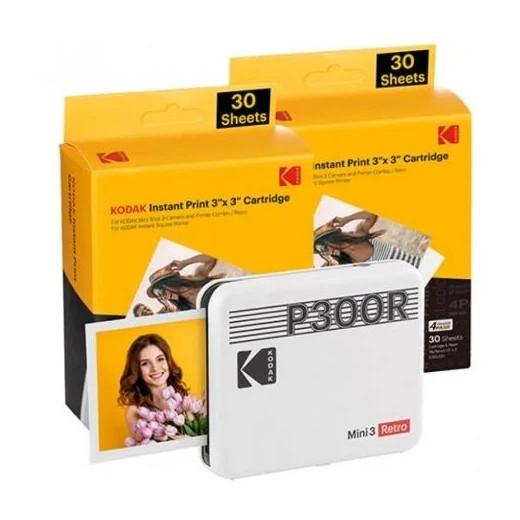 Kodak Mini 3 Retro Pack de Impresora Fotografica Portatil Bluetooth + 60 Hojas de Papel Fotografico - Formato de Impresion 7.62x7.62cm - Alimentacion por Bateria - Color Blanco