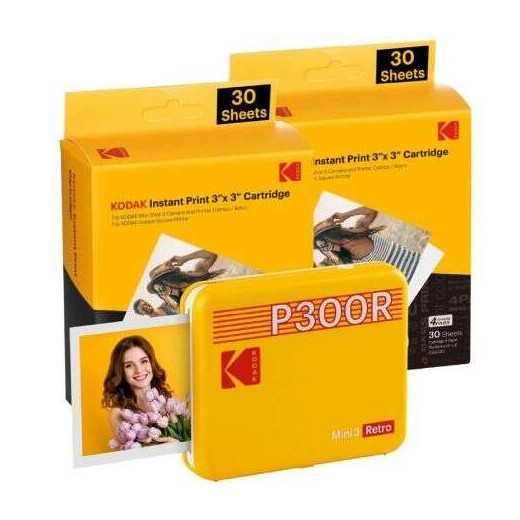 Kodak Mini 3 Retro Pack de Impresora Fotografica Portatil Bluetooth + 60 Hojas de Papel Fotografico - Formato de Impresion 7.62x7.62cm - Alimentacion por Bateria - Color Amarillo