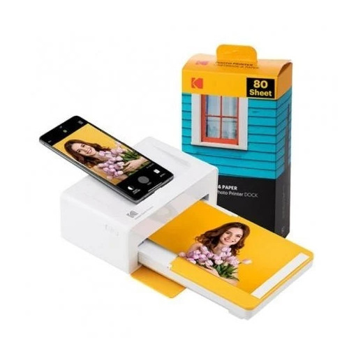 Kodak Dock Plus Pack de Impresora Fotografica Portatil Bluetooth + 80 Hojas de Papel Fotografico 10x15cm - Formato de Impresion 10x15cm - Alimentacion por Bateria - Color Blanco/Amarillo