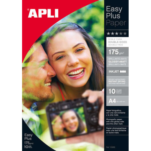 Apli Pack de 10 Hojas Papel Fotografico Photobright Doble Cara A4 175g - Brillante en una Cara y Mate en la otra - Indicado para Impresoras Fotograficas