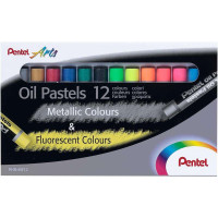 Pentel Oil Pastels Pack de 12 Pasteles Oleo - 6 Metalicos y 6 Fluorescentes - Blandos