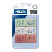 Milan 445 Pack de 6 Gomas de Borrar Rectangulares - Miga de Pan - Suave Caucho Sintetico - Dibujos Infantiles - Colores Surtidos