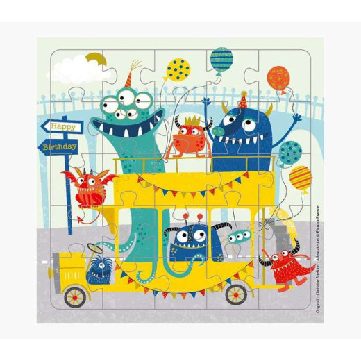 Pictura Tarjeta Puzzle Monstruos de 25 Piezas + Tarjeta Plegada - Troquelado - 15.5x15.5cm - Incluye Sobre Blanco y Envoltorio de Celofan - Papel con Certificacion FSC